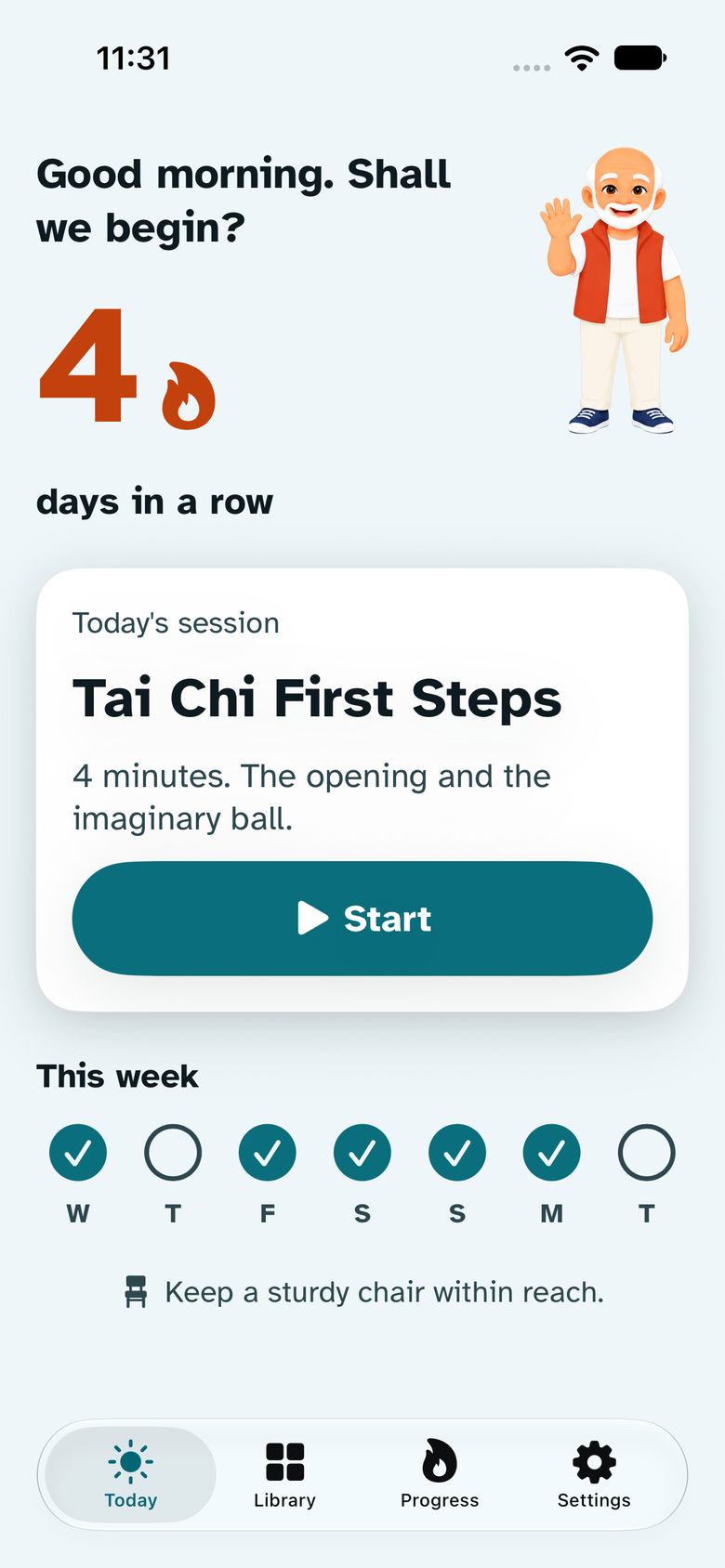 The Easestep Today screen: 4 days in a row, and today’s session, Seated Warm-up, 6 minutes, with a Start button