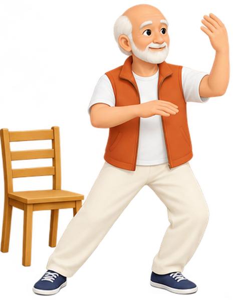 Coach Lin in a Tai Chi stance beside a chair