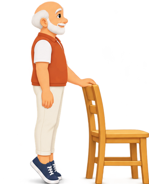 Coach Lin standing on tiptoe beside a chair